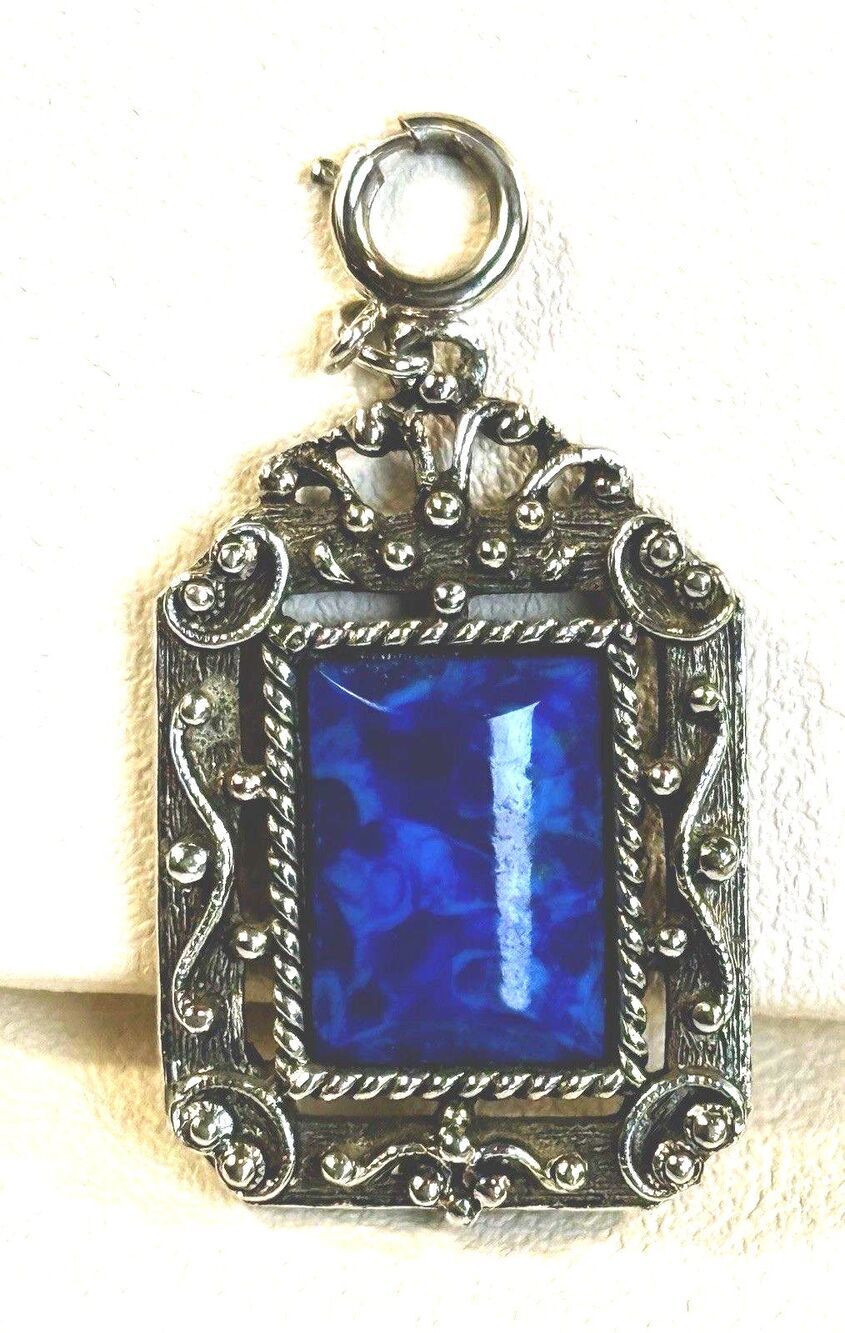 Vintage Silver-Tone Faux Lapis Rectangular Filigree Frame Pendant